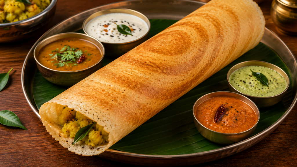 Top 10 Vegetarian Indian Dishes Every Food Lover Should Taste Golden crispy Masala Dosa served with coconut chutney and sambar at Rasika Restaurant