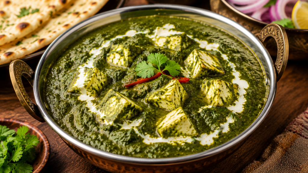Top 10 Vegetarian Indian Dishes Every Food Lover Should Taste Fresh Palak Paneer with soft cottage cheese cubes in creamy spinach gravy at Rasika Restaurant