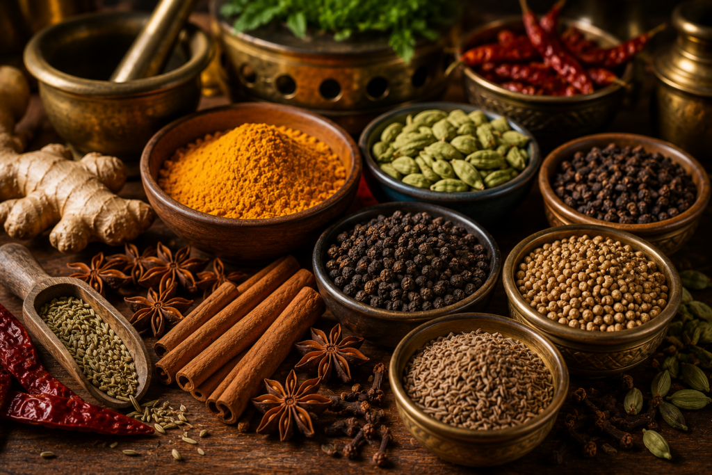 Top Health Benefits of Traditional Indian Spices Traditional Indian spices including turmeric, cumin, cardamom, cinnamon, black pepper, cloves, coriander, and ginger displayed on a rustic wooden table