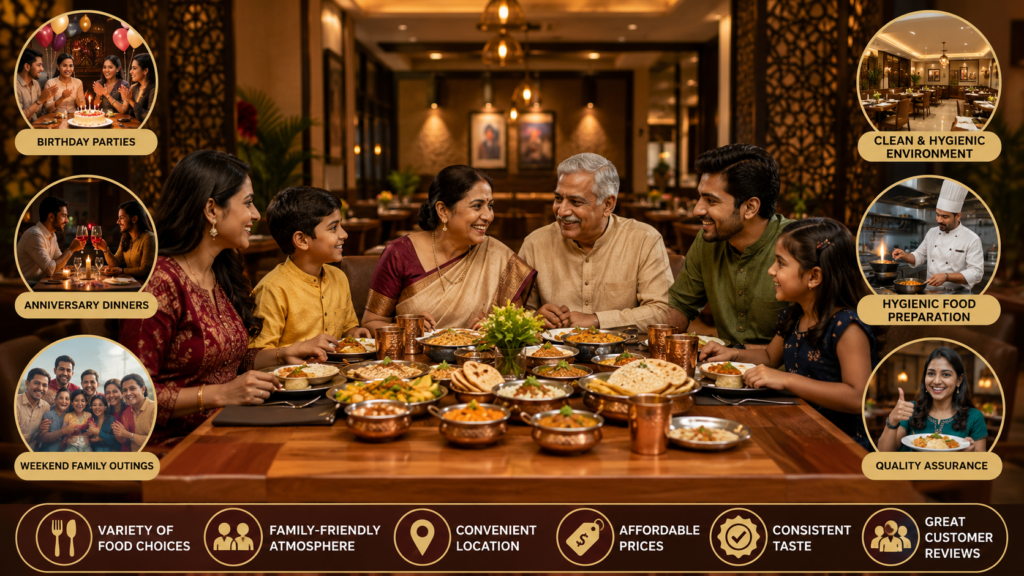 Best Family Restaurant in Srikakulam: Why Rasika Restaurant Is Loved by Food Lovers Happy family enjoying authentic Indian food at Rasika Restaurant in a clean and welcoming dining atmosphere