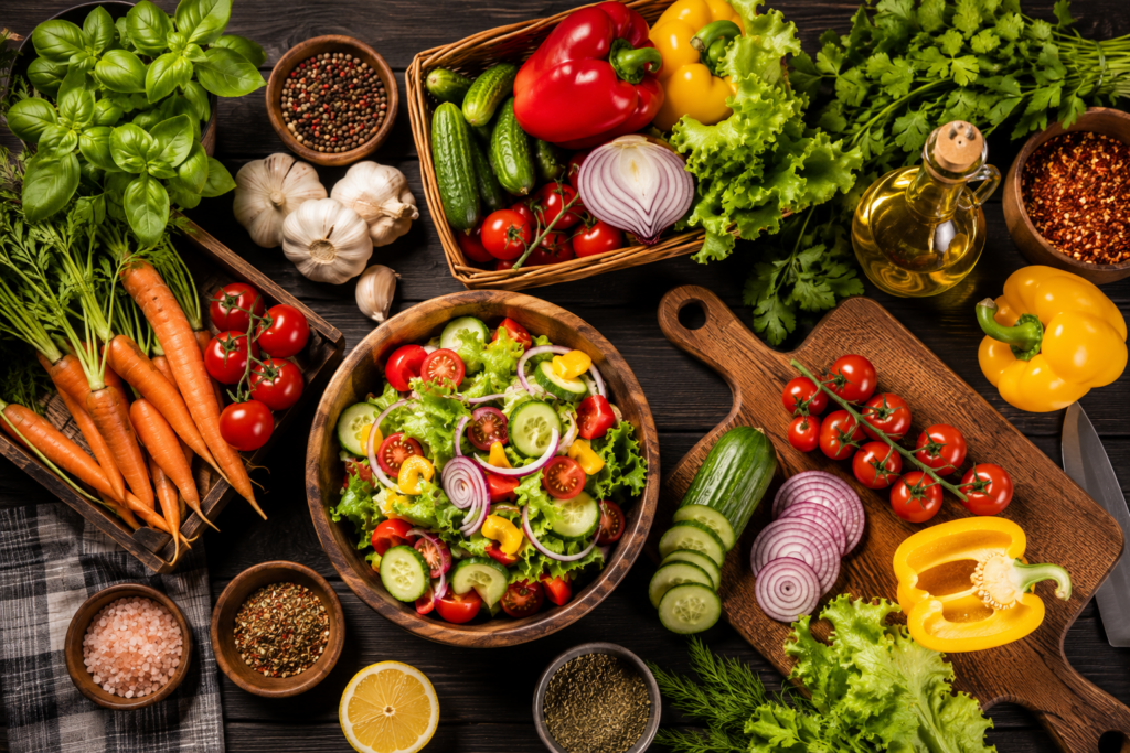 Restaurant Food Quality and Fresh Ingredients: The Foundation of Great Dining Colorful fresh vegetables and healthy salad ingredients at Rasika Restaurant, one of the best restaurants in Srikakulam.