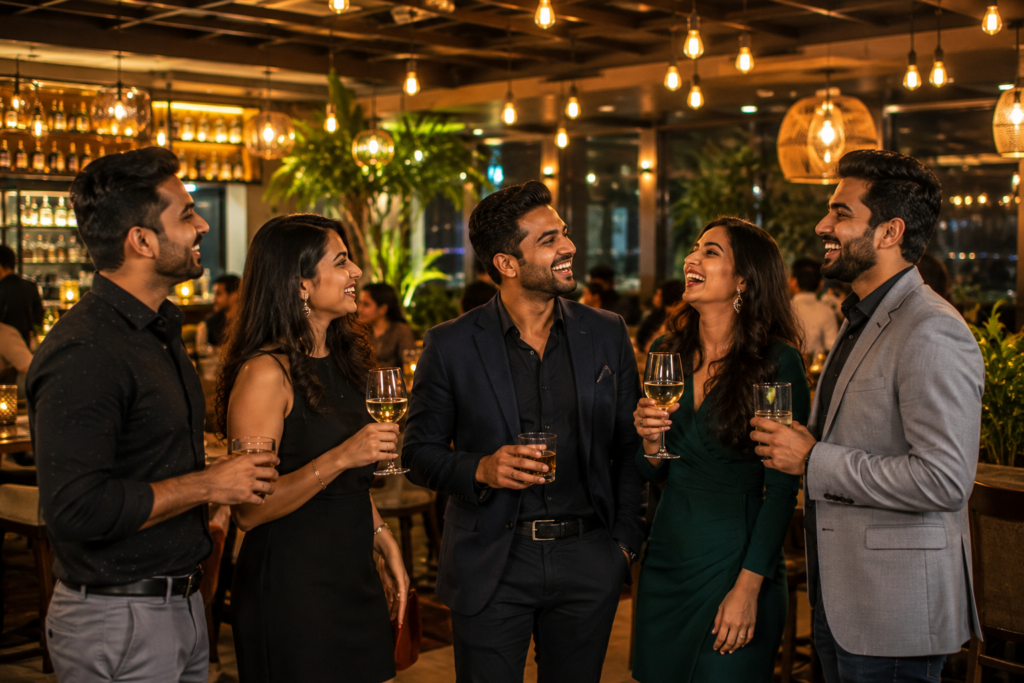 How a Great Restaurant Atmosphere Enhances Every Dining Experience Friends enjoying drinks and conversations at a stylish restaurant